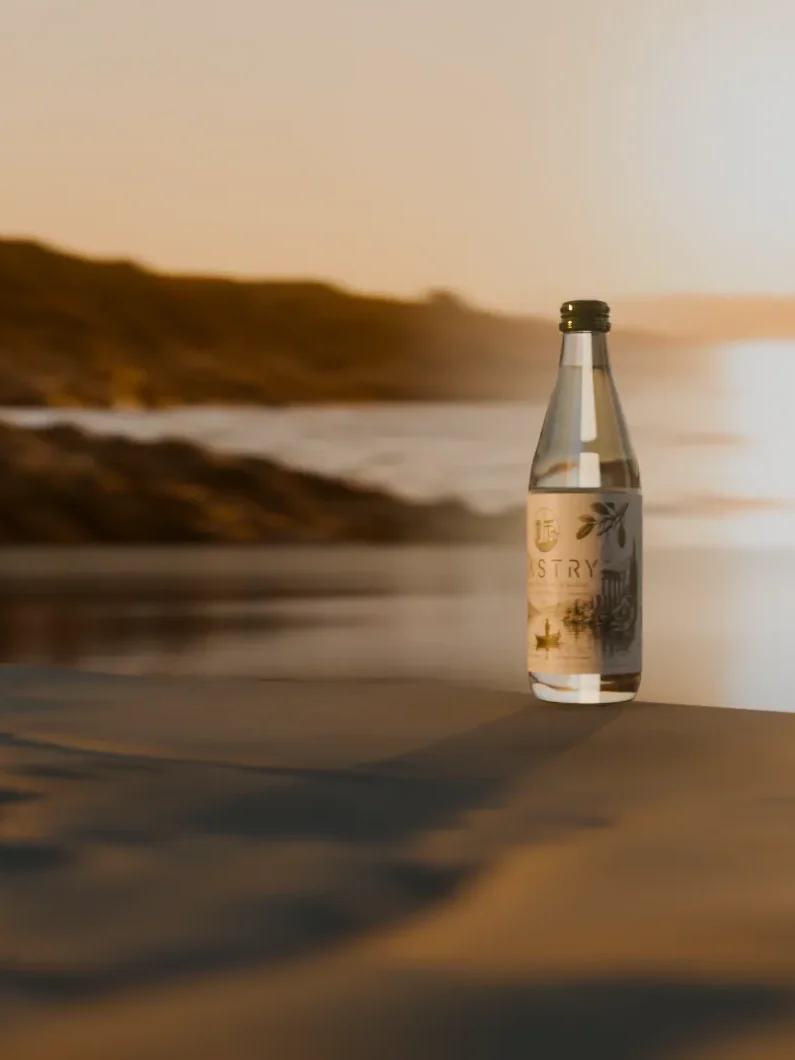 A Mastry bottle on stone in low Aegean sun, the sea behind it