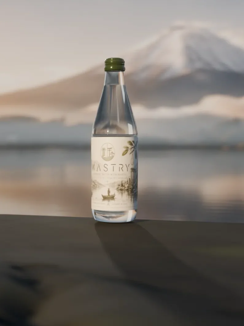 A Mastry bottle on a dark shore, a snow-capped Japanese peak behind it